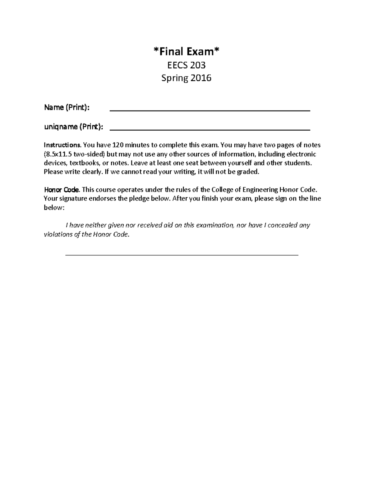 203S16EX2ans - Final Exam EECS 203 Spring 2016 Name (Print): - Studocu