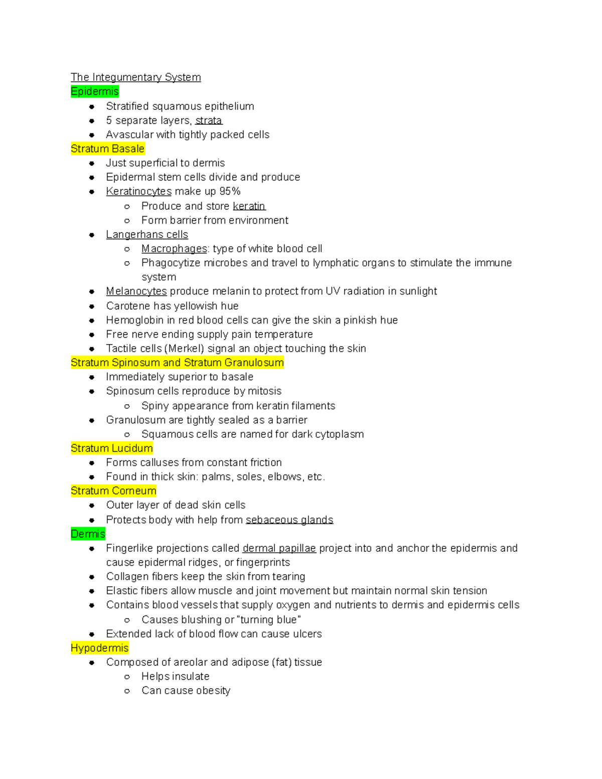 Unit 6 - Textbook notes, Prof. JP Hyatt - The Integumentary System ...