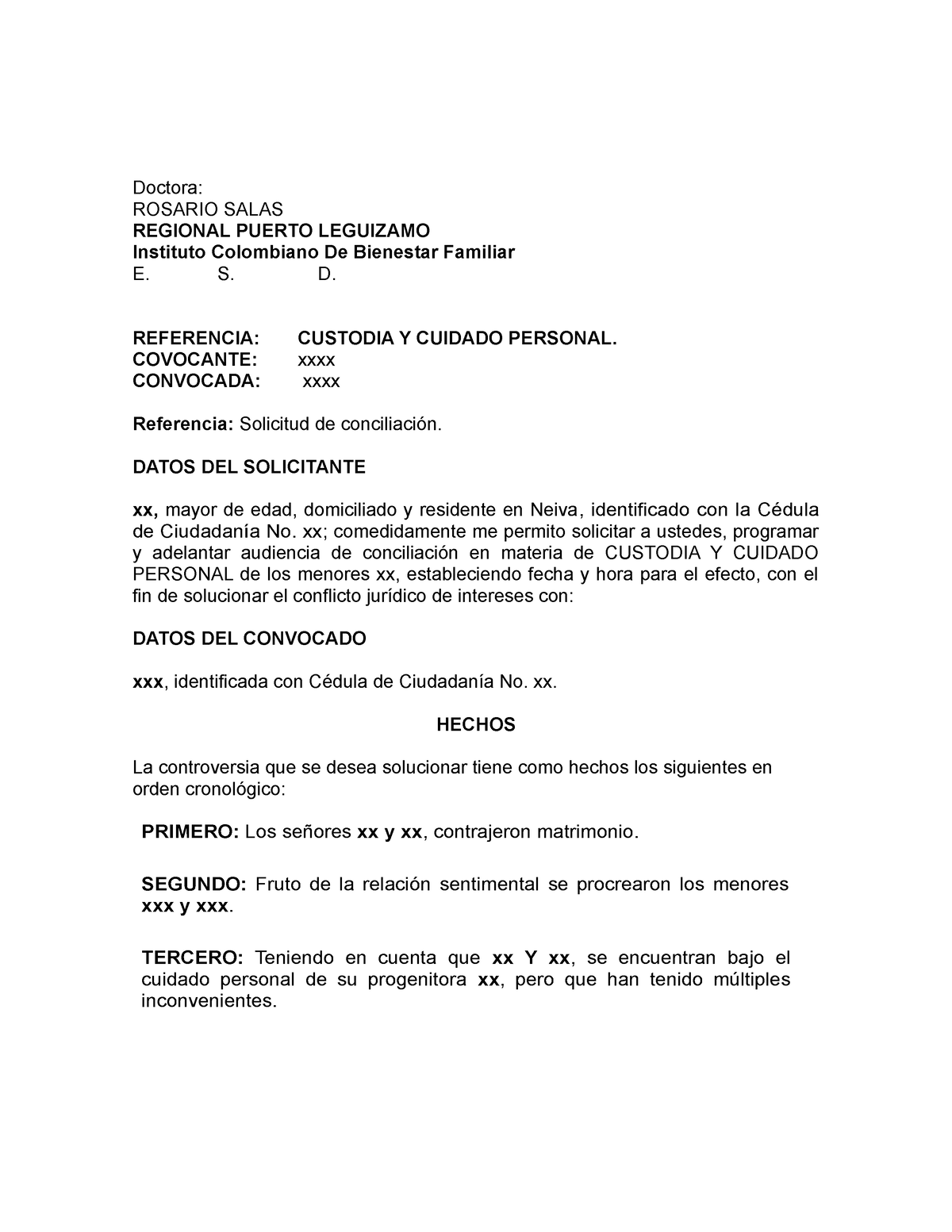 Modelo Solicitud conciliación - ICBF - Doctora: ROSARIO SALAS REGIONAL  PUERTO LEGUIZAMO Instituto - Studocu