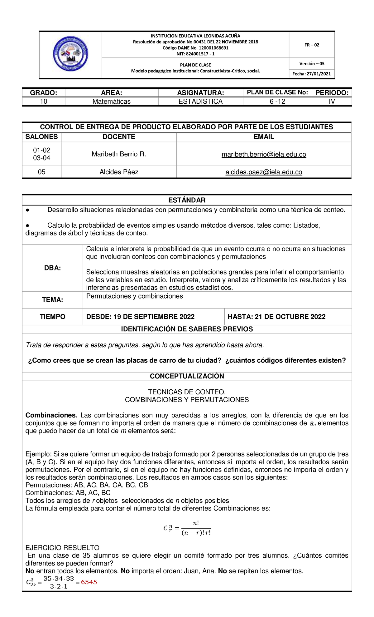 PLAN DE Clase 6- Estadistica Grado 10 - ResoluciÛn de aprobaciÛn No DEL ...