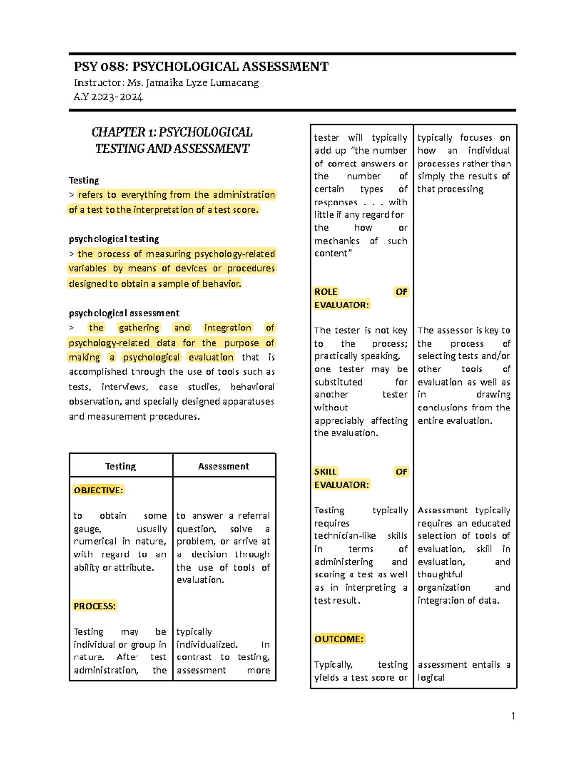 Psy 088 notes 1 - study - Instructor: Ms. Jamaika Lyze Lumacang A 2023 ...