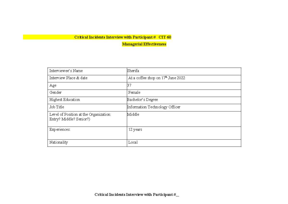 KWT 2022 CIT 3 - GHJGH - Critical Incidents Interview with Participant ...