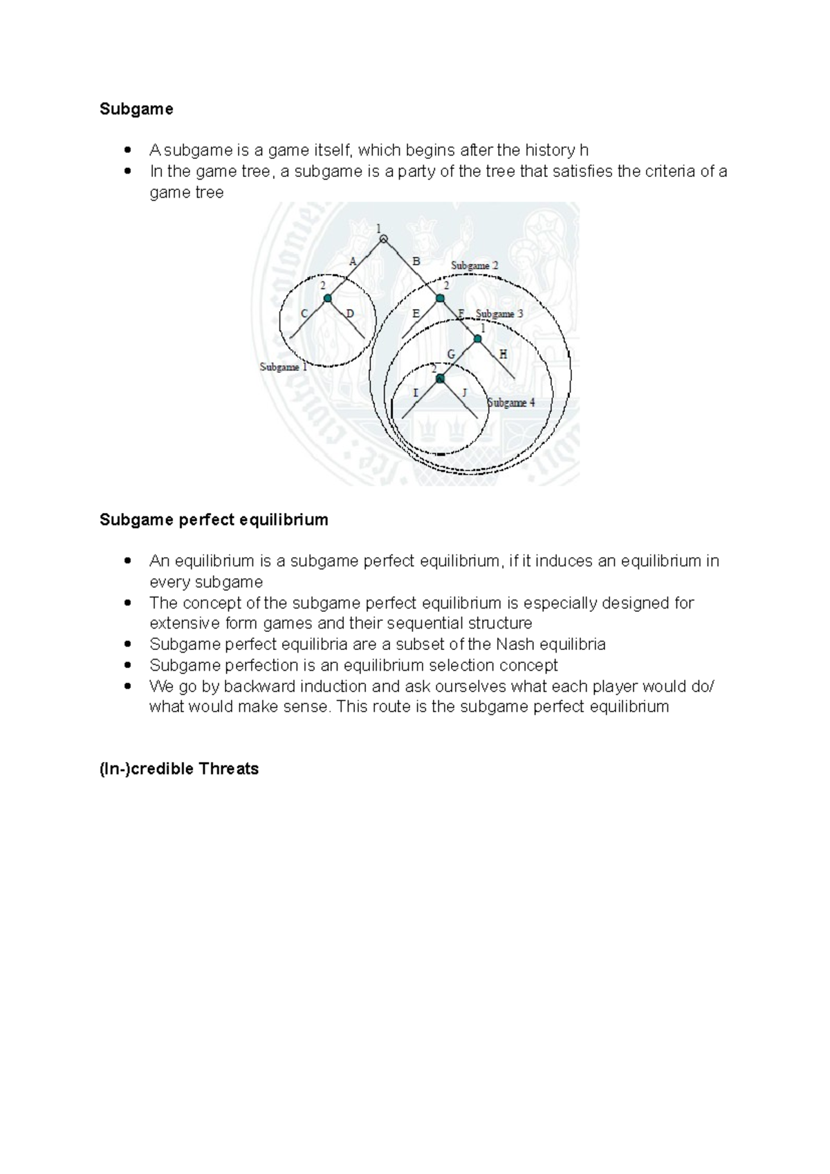 Subgame - Lecture notes Semester 1 - Subgame A subgame is a game itself ...