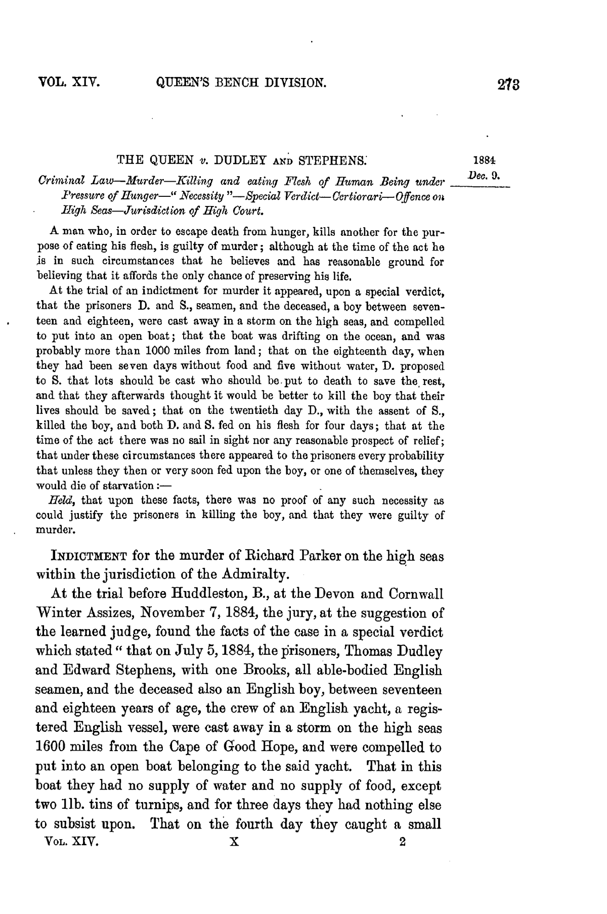 R V. Dudley And Stephen 14 Q.B.D. 273 (1884) - International Relations ...