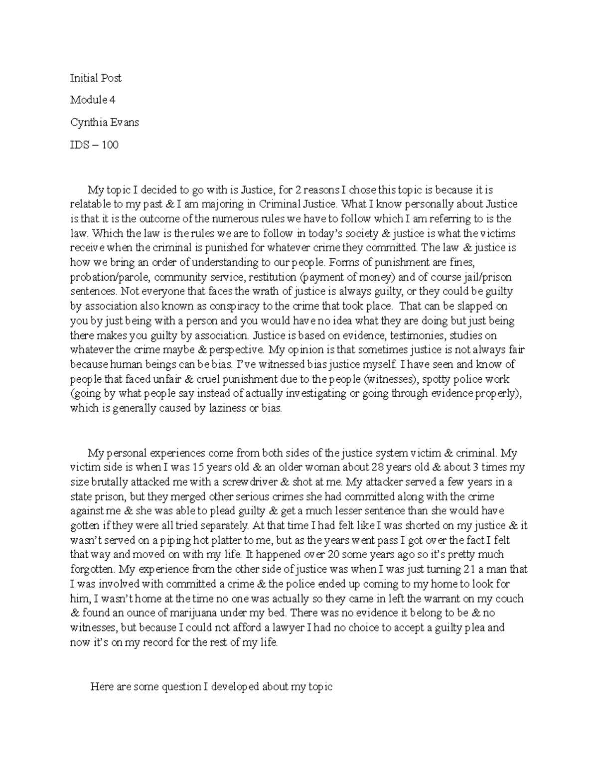 Cynthia Evans Module 4 Inital Post Due 1 26 2023 Initial Post Module 4 Cynthia Evans IDS 100