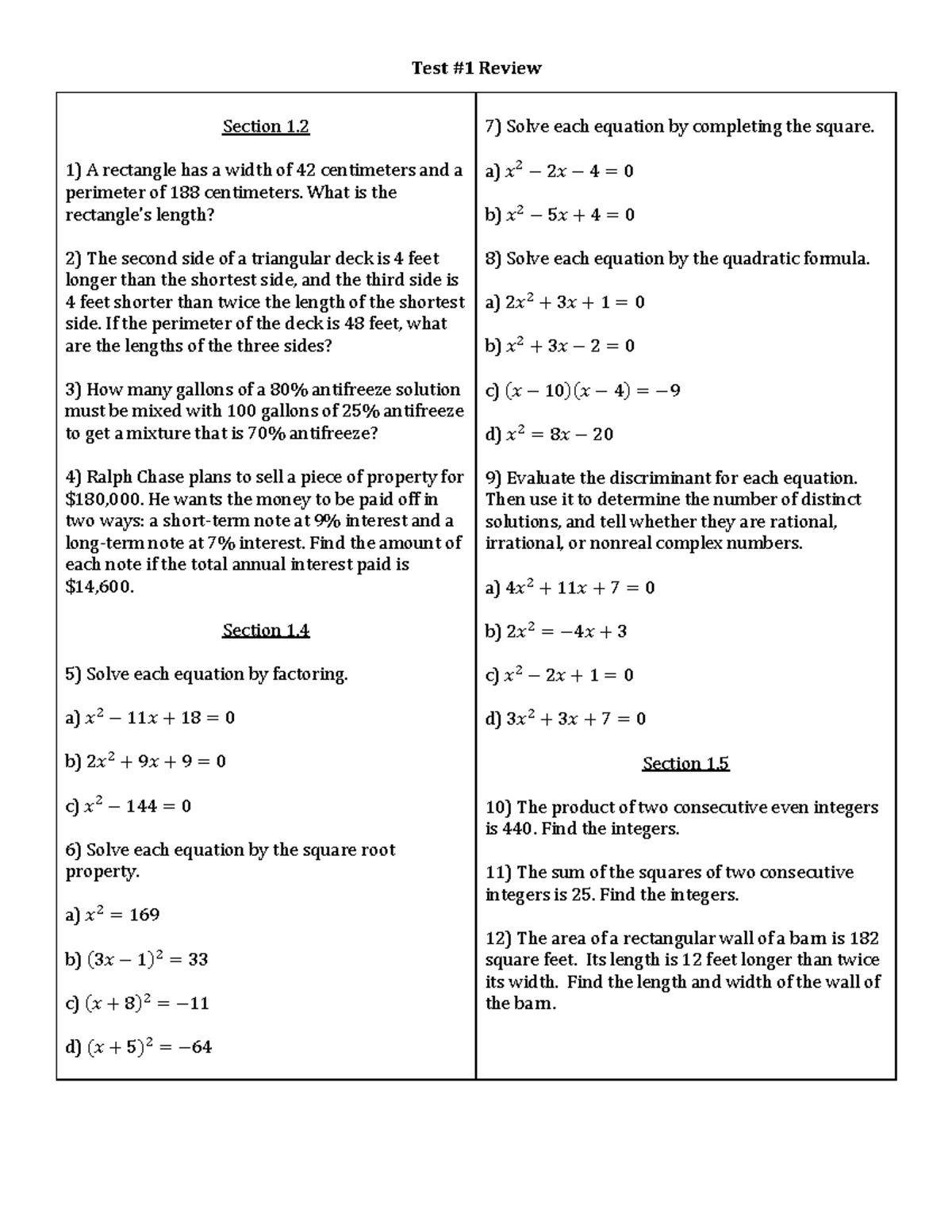 Test #1 Review - Practice questions for word problems, factoring ...