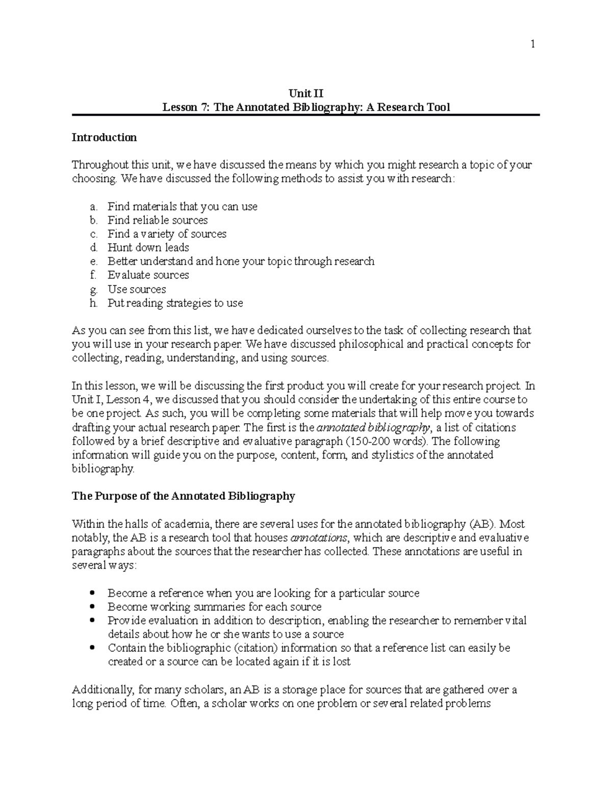Unit 2 Lesson 7 Script - Unit II Lesson 7: The Annotated Bibliography ...