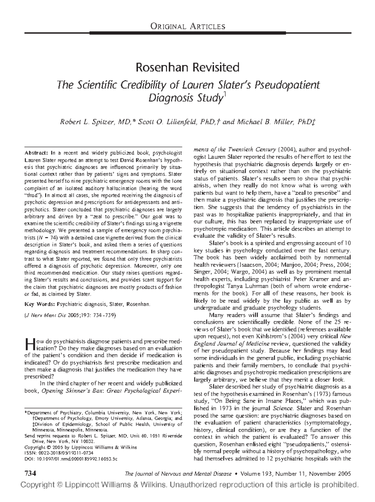 Spitzer 2005 ORIGINALARTICLES Rosenhan Revisited The Scientific Credibility of Lauren Slater’s