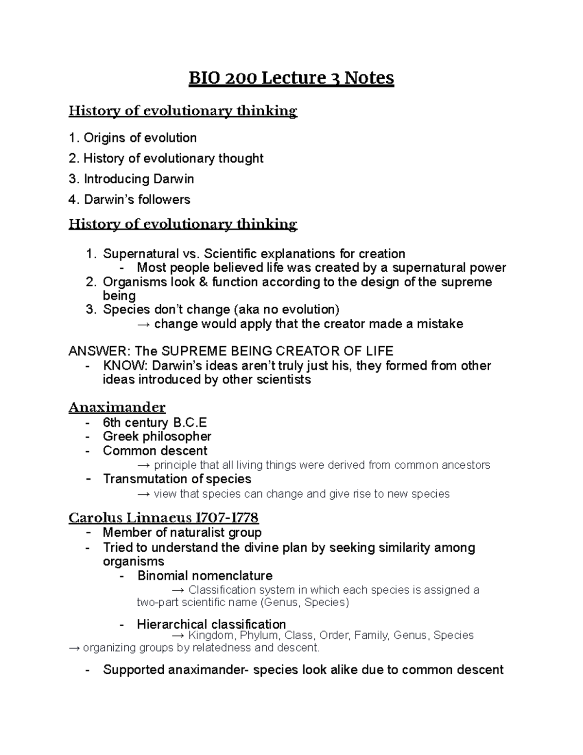 BIO 200 lecture 3 notes - BIO 200 Lecture 3 Notes History of ...