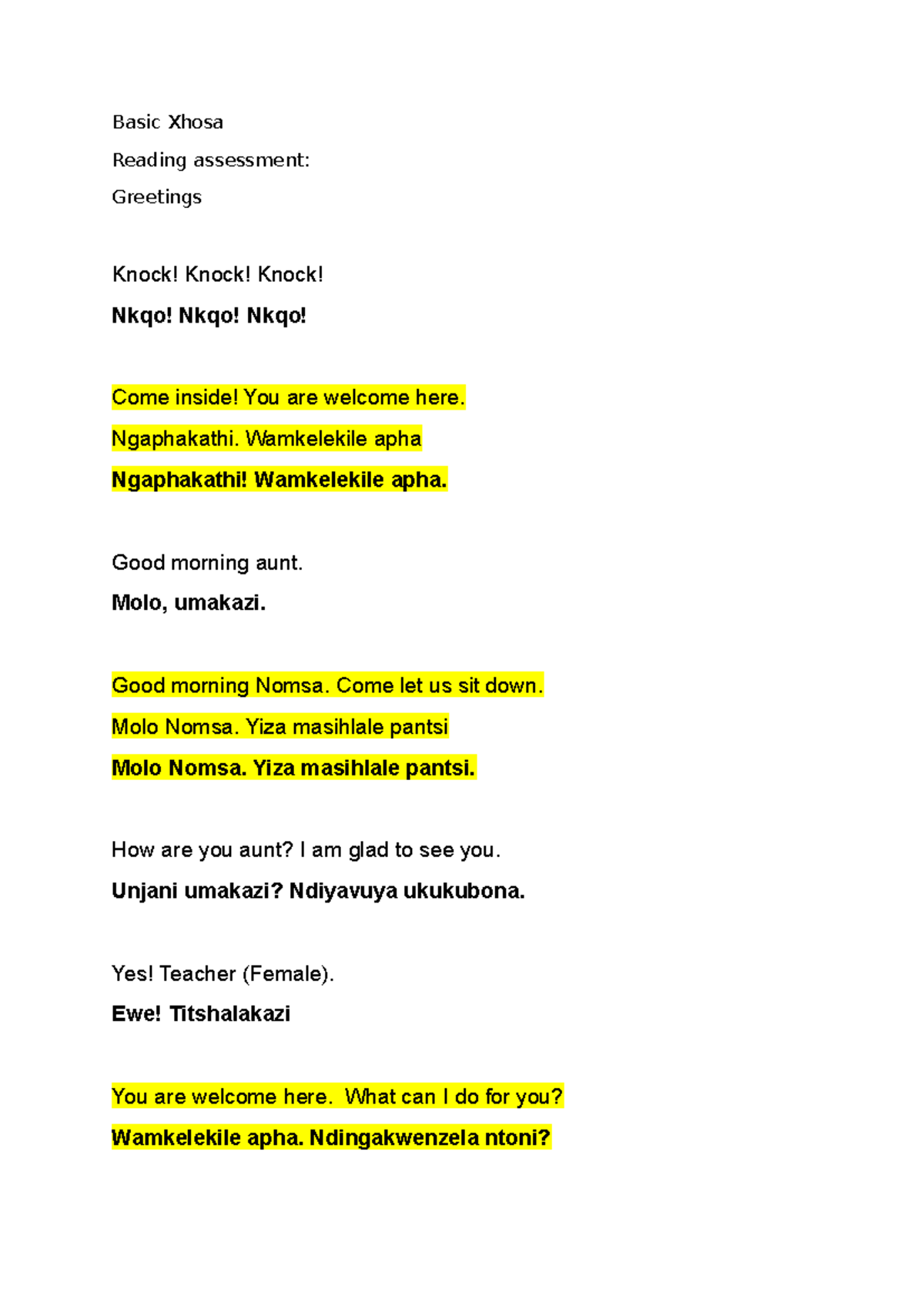 Class Test 1 Notes - Basic Xhosa Reading assessment: Greetings Knock ...