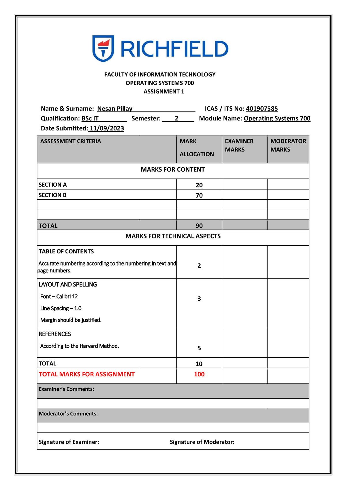 401907585 Operating Systems 700 Assignment 1 - FACULTY OF INFORMATION ...