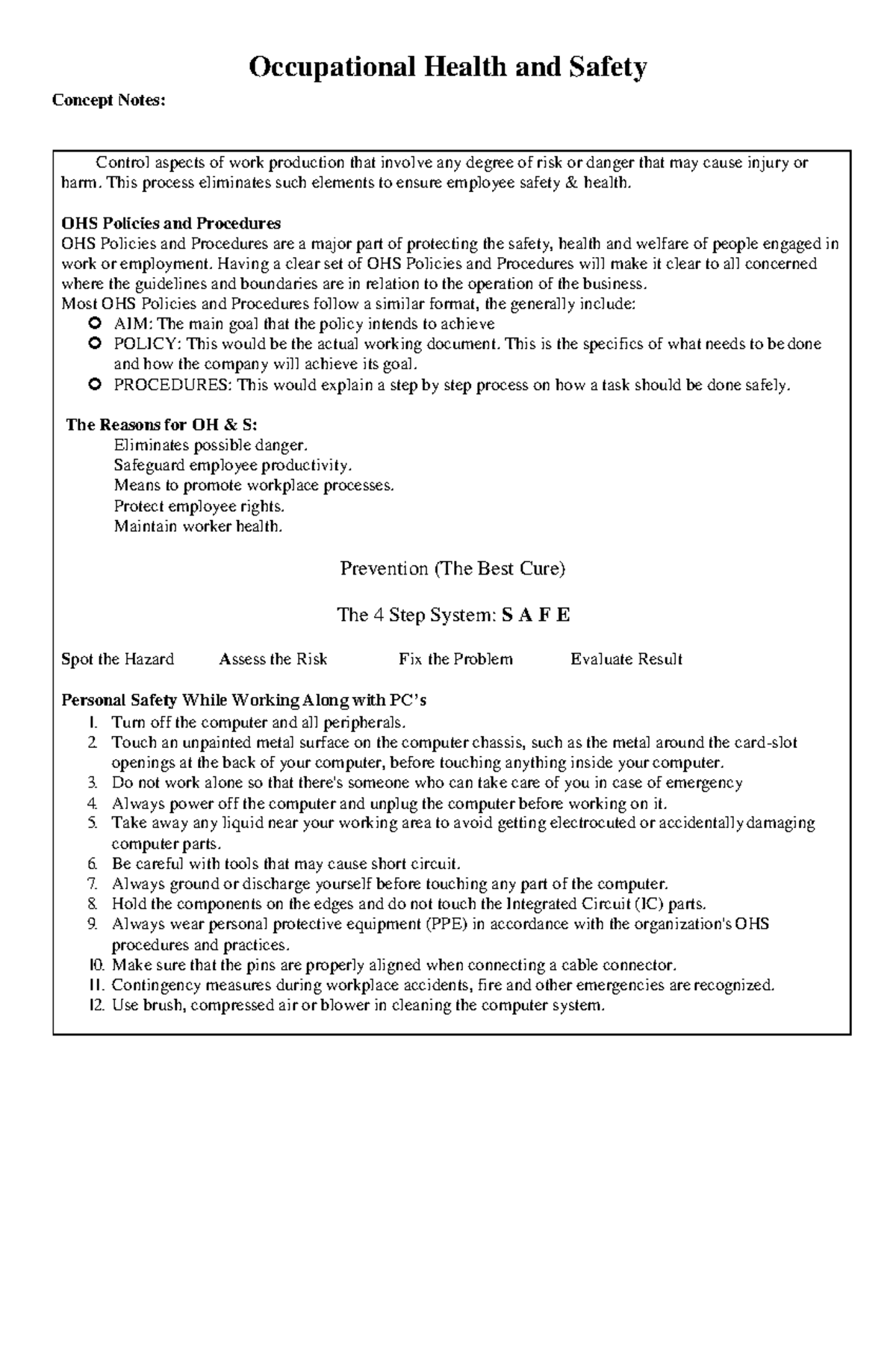 Occupational Health And Safety In Computers Concept Notes Occupational Health And Safety