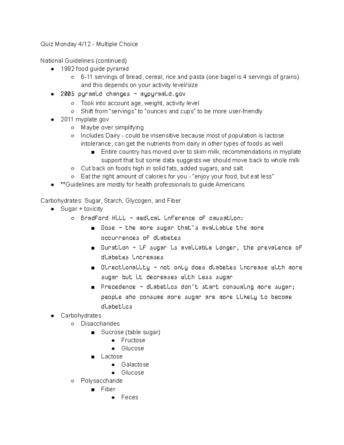 Sugar Carbohydrates Detailed lecture notes Quiz Monday 4/12