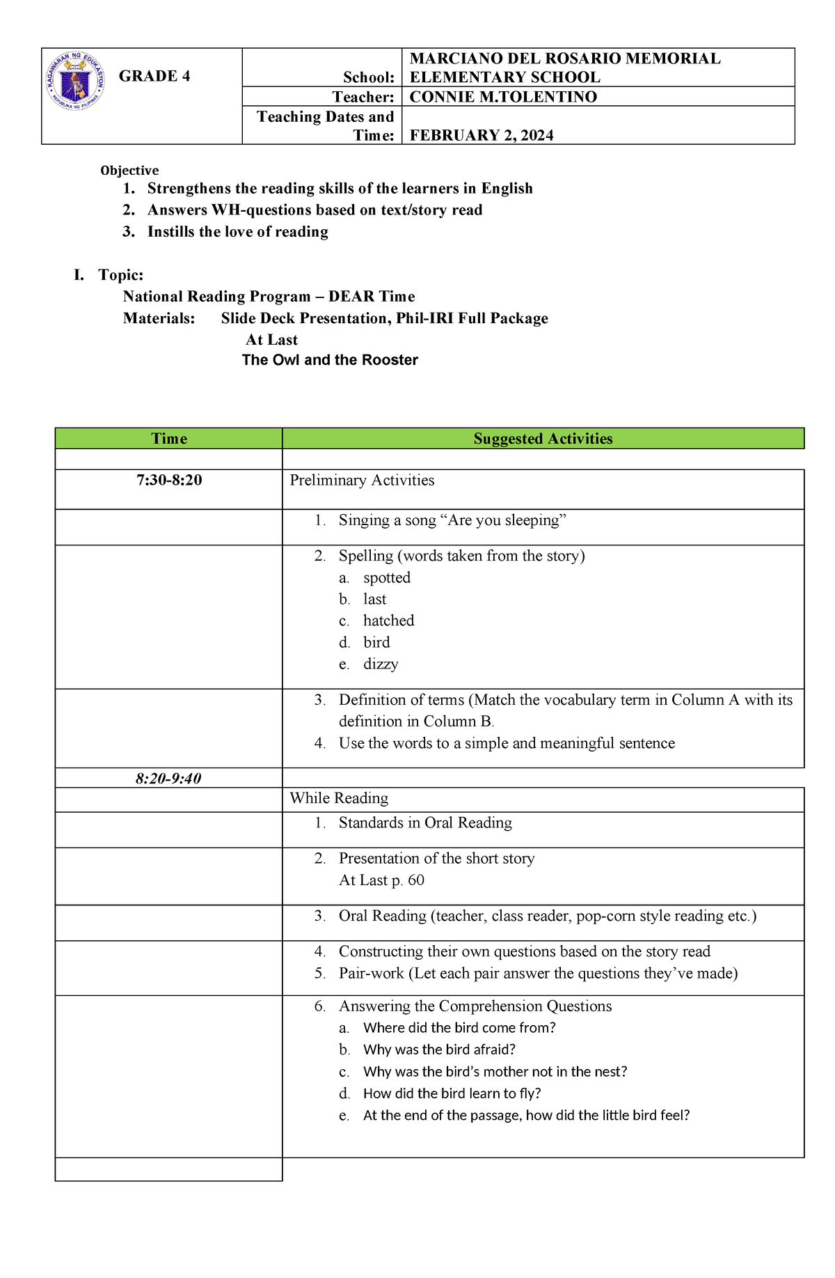 Activity Plan Reading Gr4 Objective 1 Strengthens The Reading Skills