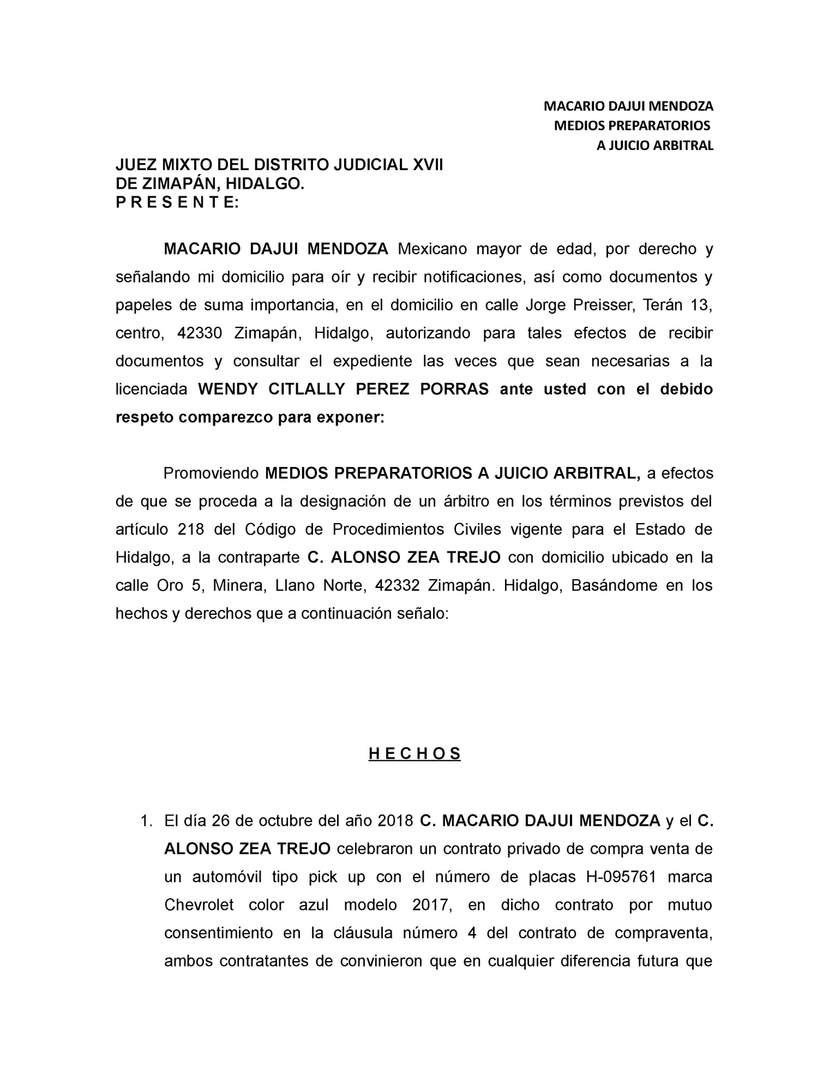 Escrito medios preparatorios juicio arbitral - MACARIO DAJUI MENDOZA MEDIOS  PREPARATORIOS A JUICIO - Studocu