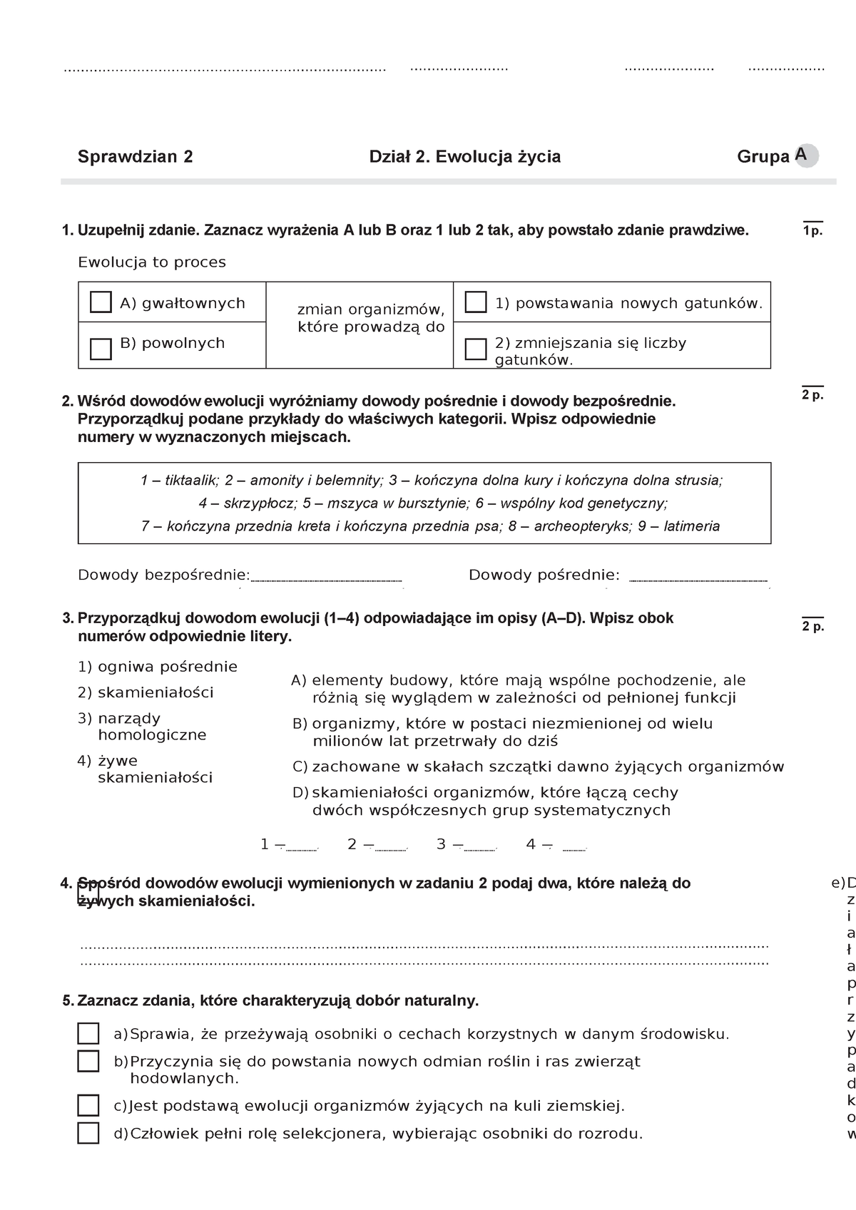 Sprawdzian Biologia Kl8 Ewolucja - Sprawdzian 2 Dział 2. Ewolucja życia ...