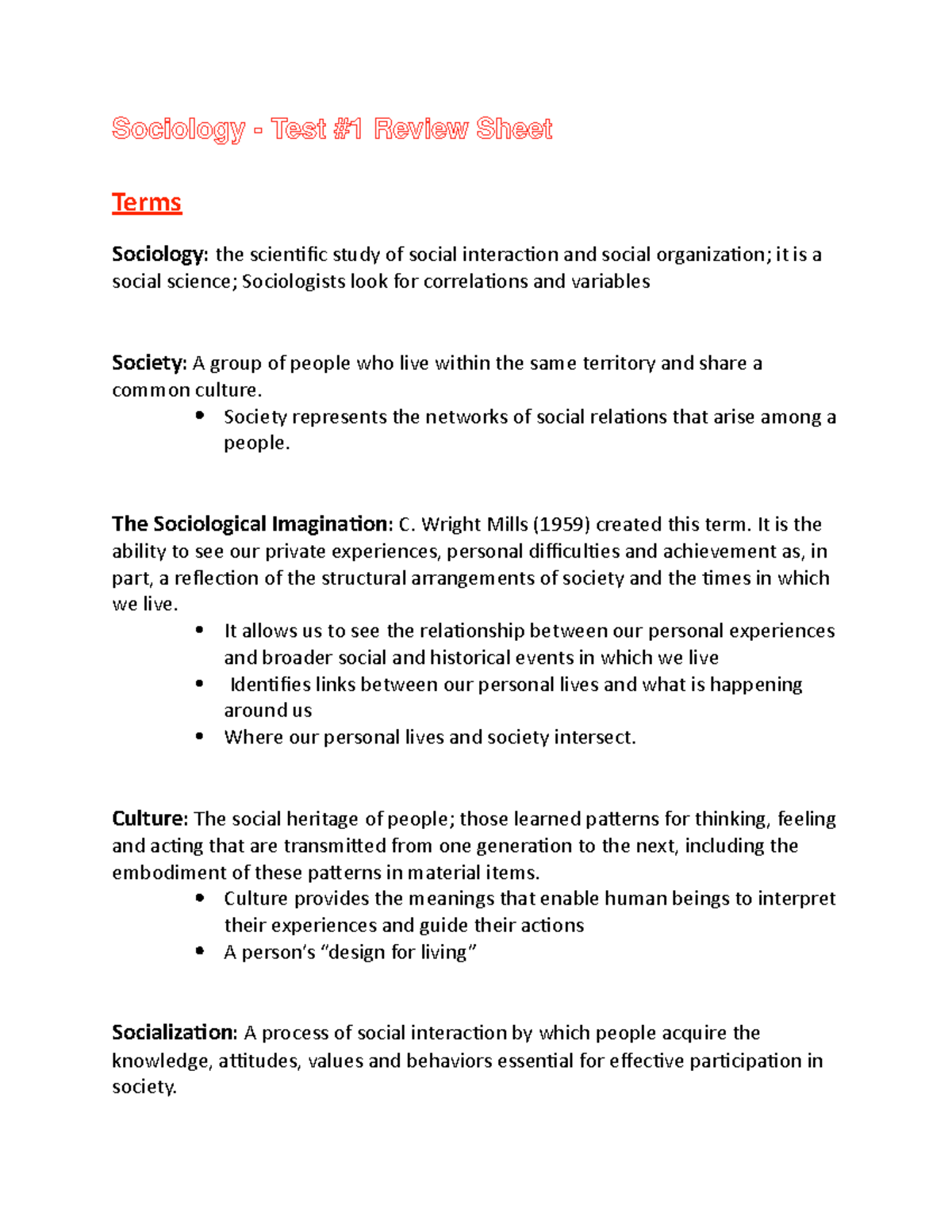 Exam 1 Review Sheet - Sociology - Test #1 Review Sheet Terms Sociology ...