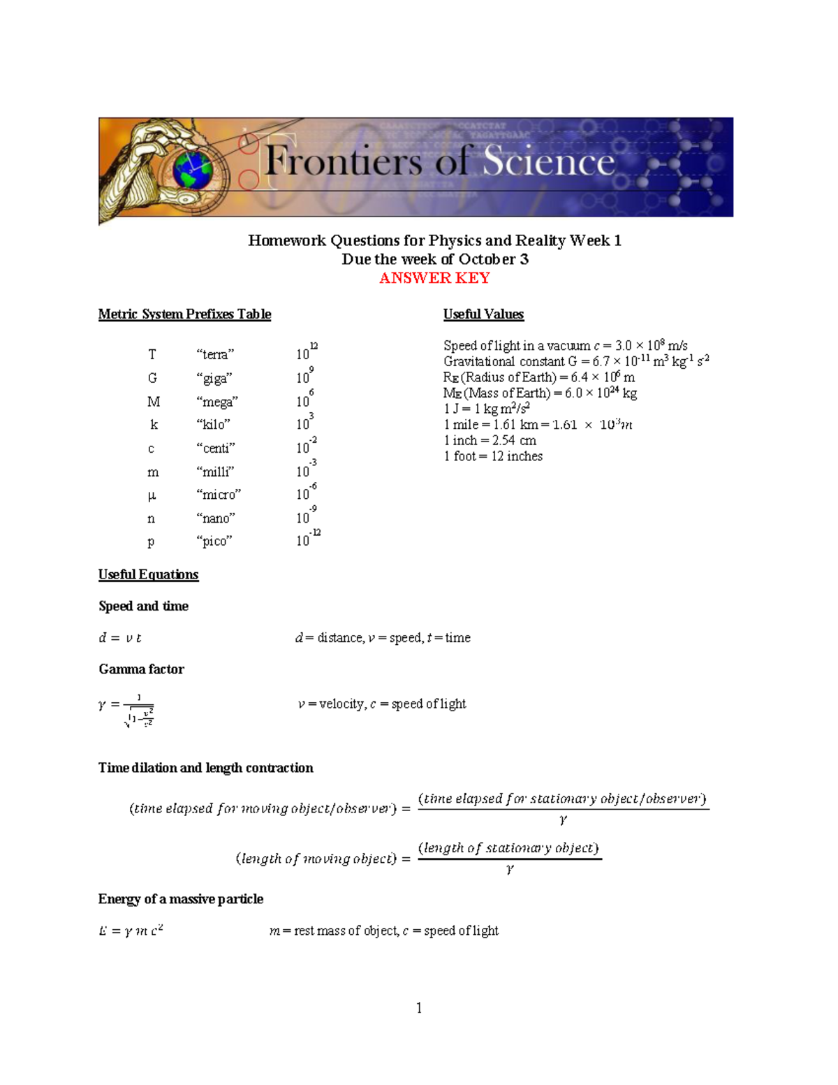 Fro Sci Homework Pre-Midterm Answers physics and reality week two ...