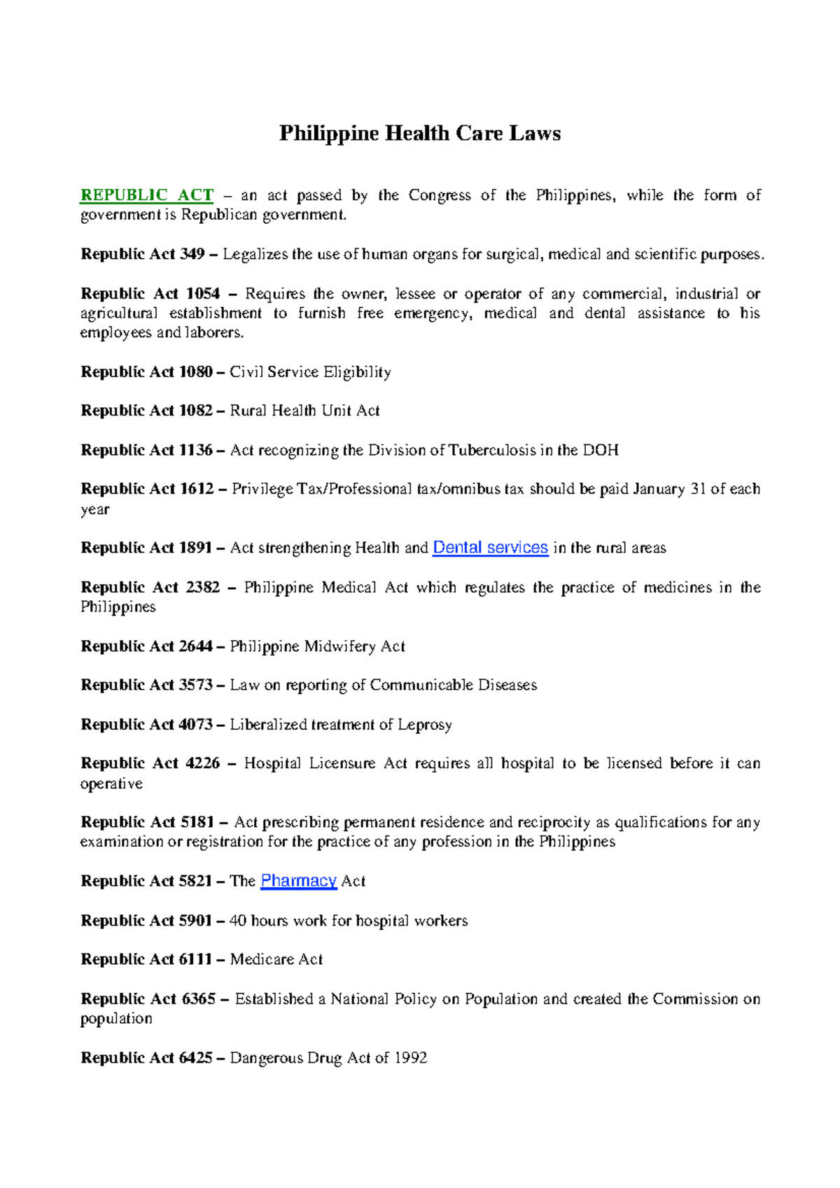 Philippine Health Care Laws Philippine Health Care Laws REPUBLIC ACT