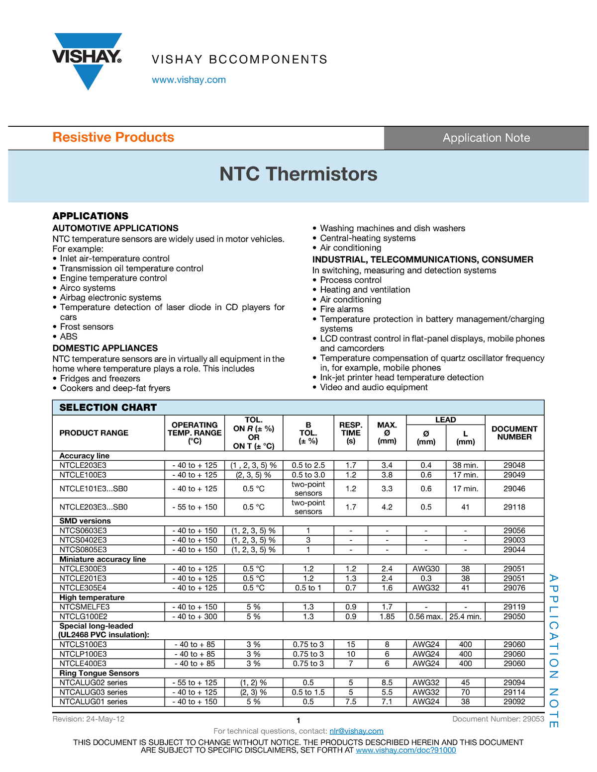 Ntc Thermistor Datasheet V I S H A Y B C C O M P O N E N T S Resistive Products Application