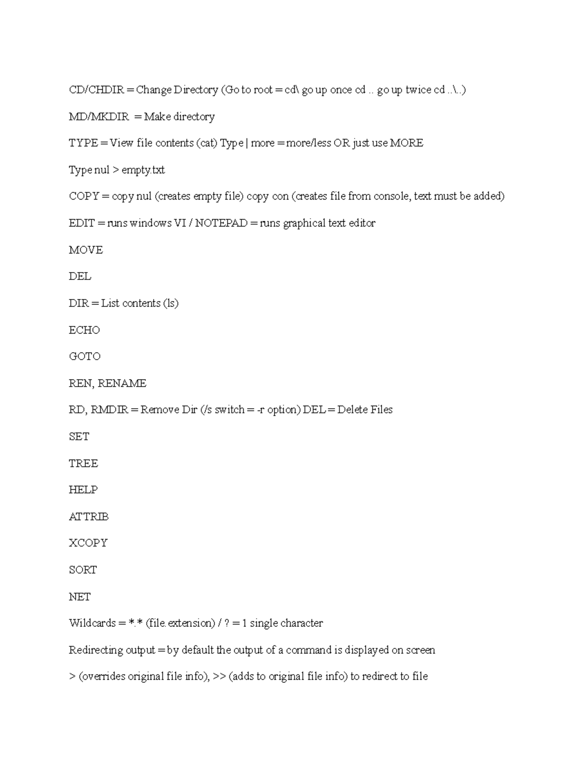 IOS110 Lab 5A Notes - CD/CHDIR = Change Directory (Go to root = cd\ go ...