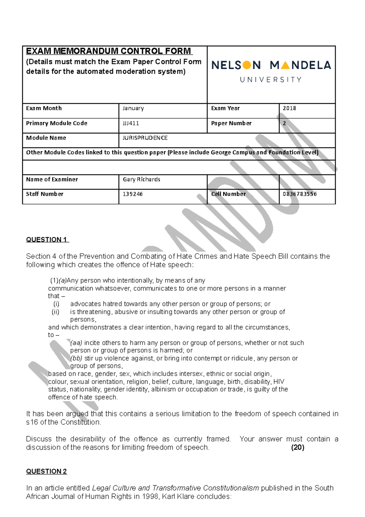 Examination Memorandum January 2018 - EXAM MEMORANDUM CONTROL FORM ...