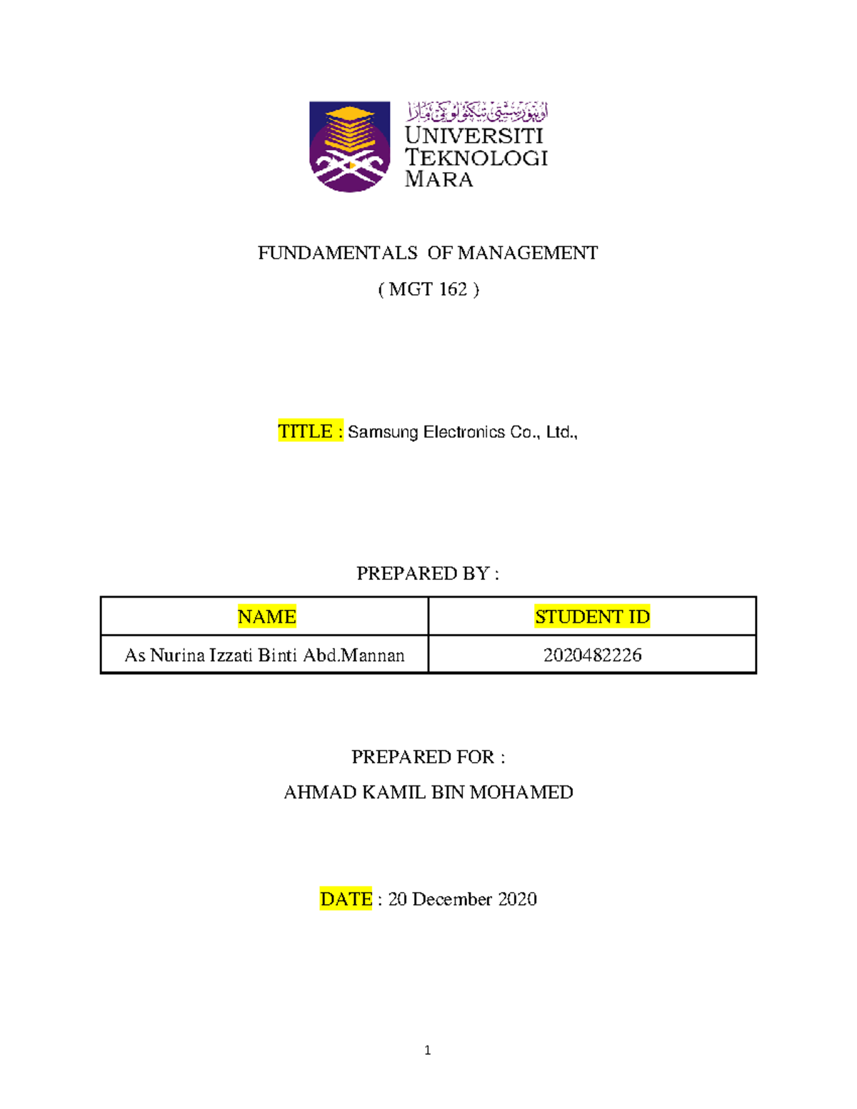 mgt 162 individual assignment uitm