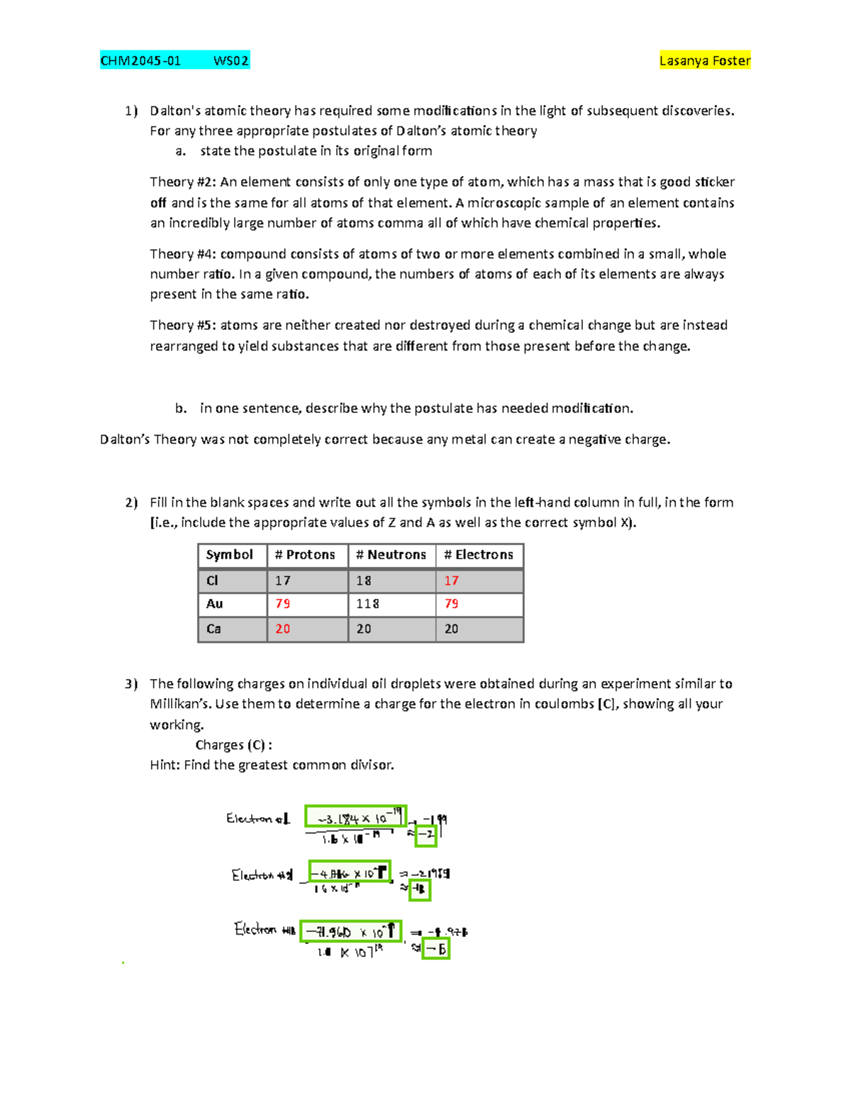 Gen Chem WS02 - Dalton Theory, Charge Of An Electron And Compound ...