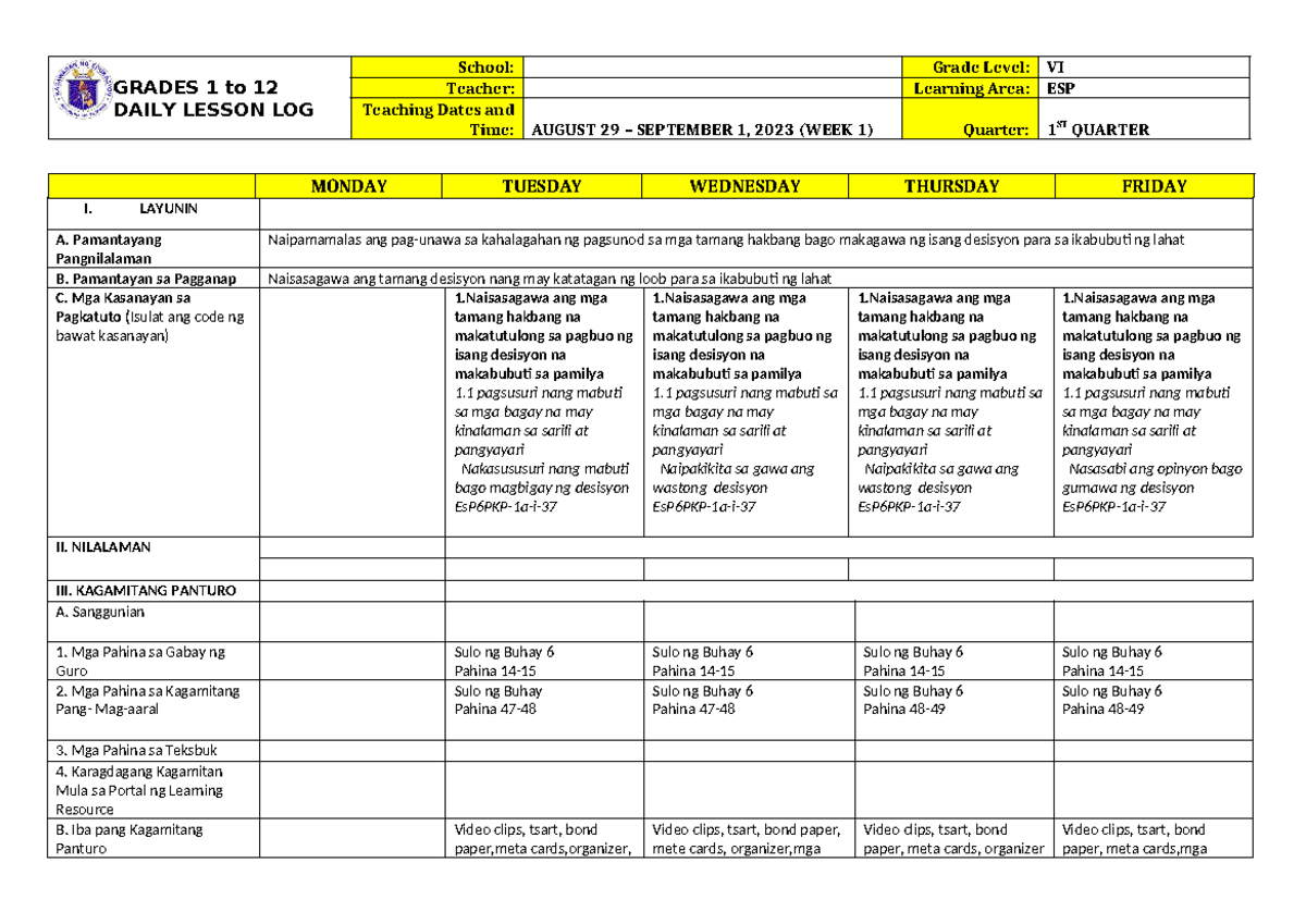 DLL ESP 6 Q1 W1a - ESP - GRADES 1 to 12 DAILY LESSON LOG School: Grade ...