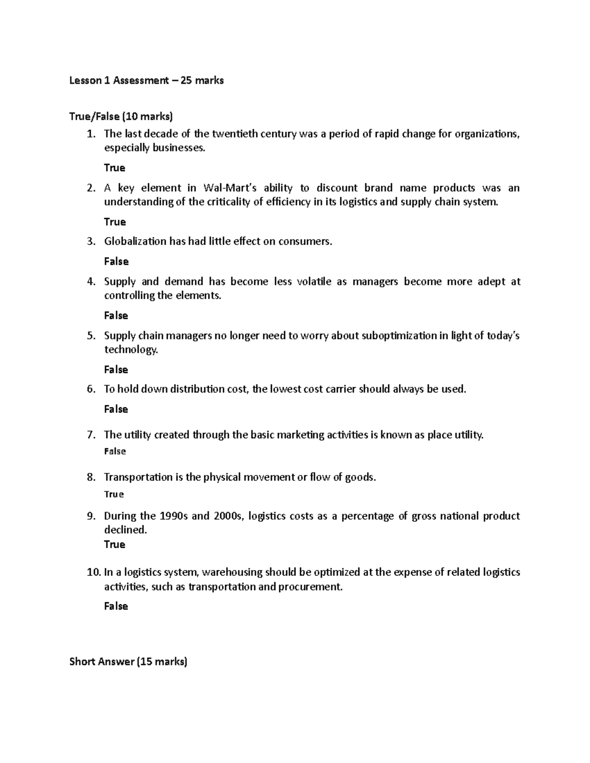 Lesson 1 Assessment - Lesson 1 Assessment – 25 marks True/False (10 ...