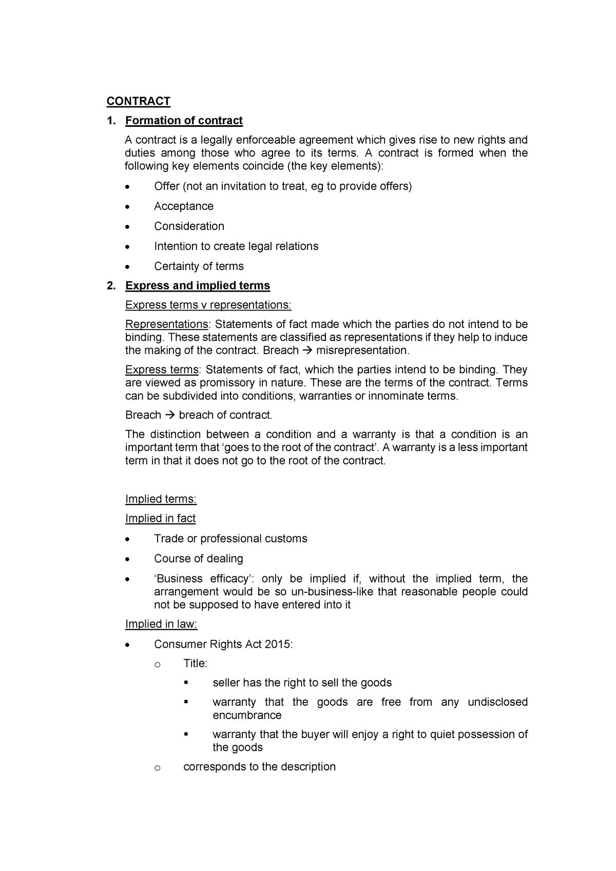 Brief summary of the contract law for last minute revision - Studocu