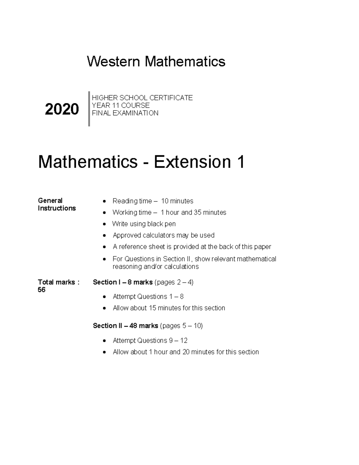 Wme Year 11 Final Exam Extension 1 2020 - Western Mathematics 2020 