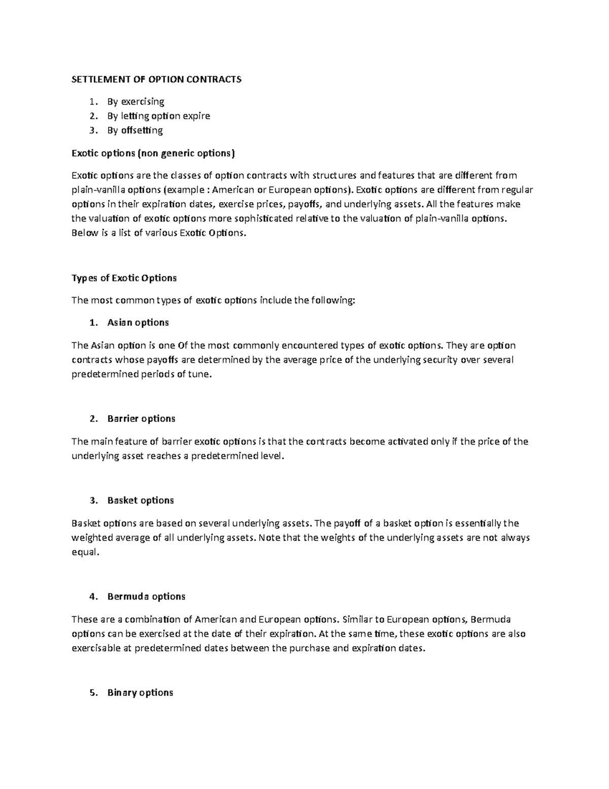 Settlement of option contract - SETTLEMENT OF OPTION CONTRACTS By ...