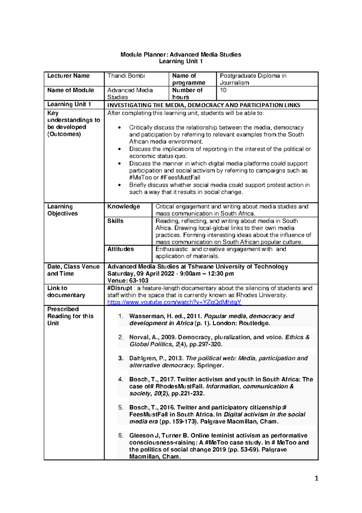 Learning Unit 1 Outline - 1 Module Planner: Advanced Media Studies ...