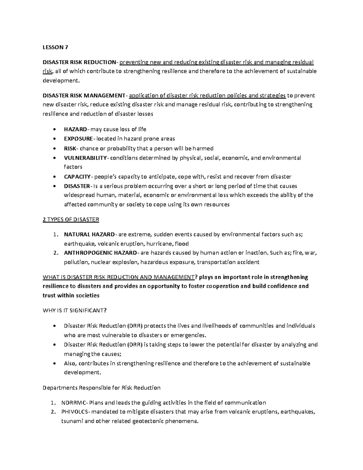 CWTS Reviewer - lesson 7-9 - LESSON 7 DISASTER RISK REDUCTION ...