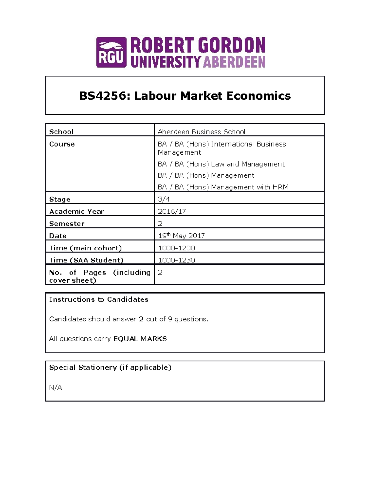 Labour Economics EXAM - BS4256: Labour Market Economics School Aberdeen ...