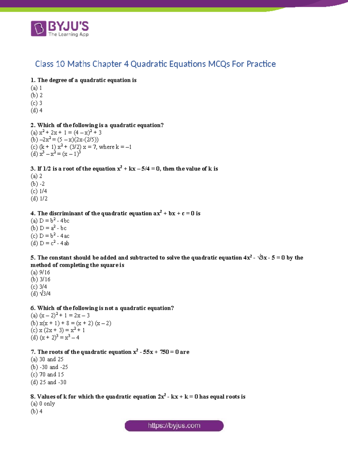 Class-10-Maths-Chapter-4-Quadratic-Equations-MCQs-For-Practice - Class ...
