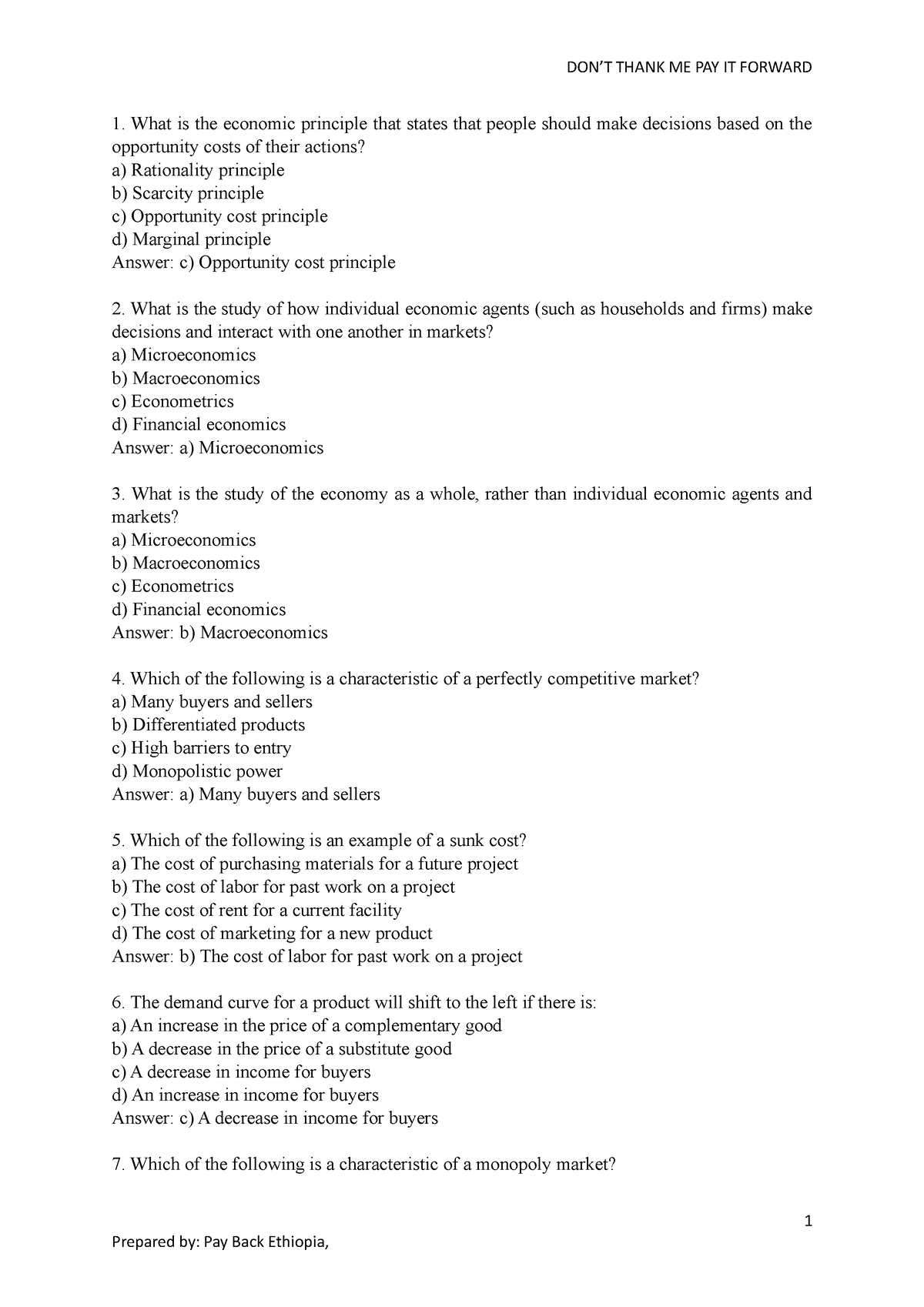 60 Multiple Choice MOCK Questions FOR BA IN Economics Program Paper - 1 ...