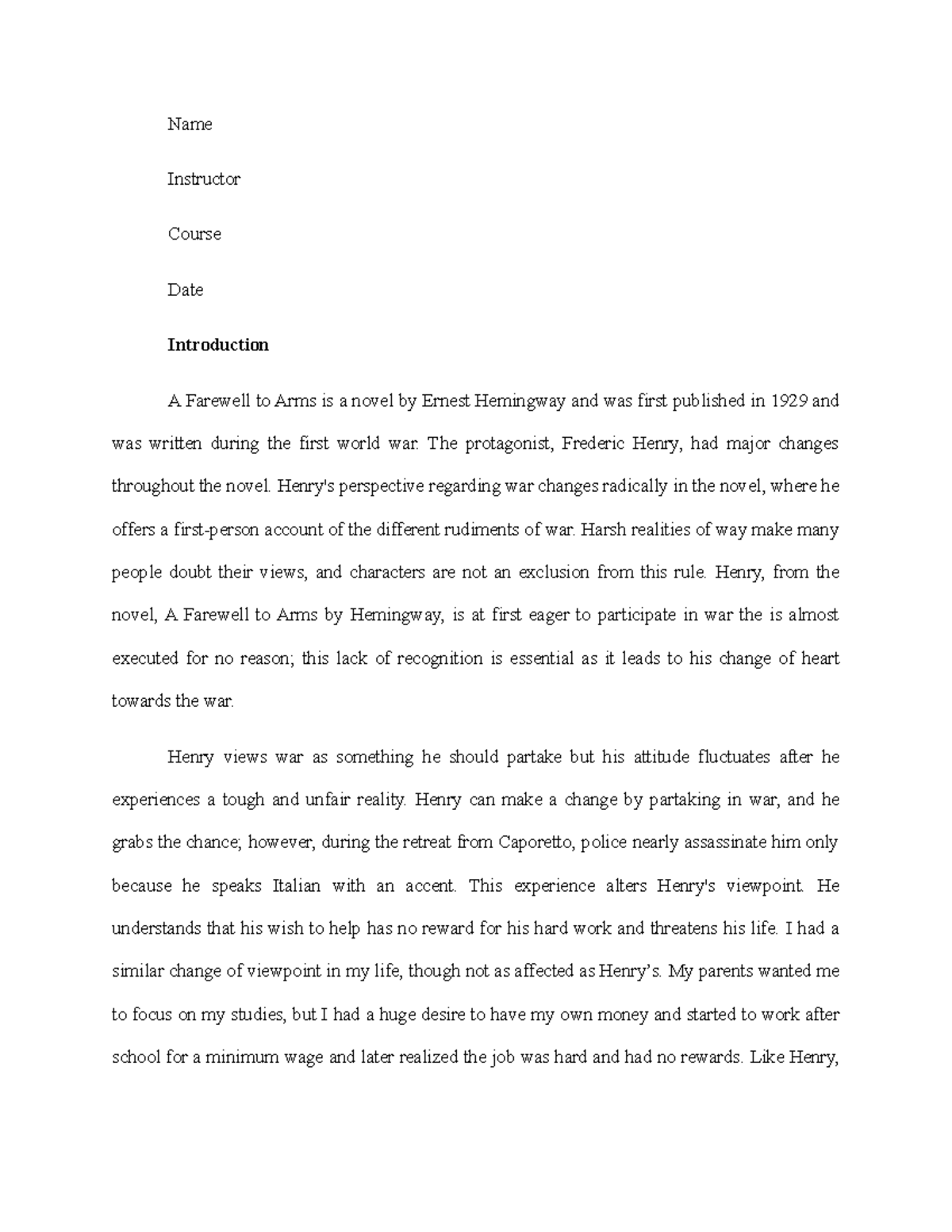 A Farewell to Arms MBA Name Instructor Course Date Introduction A