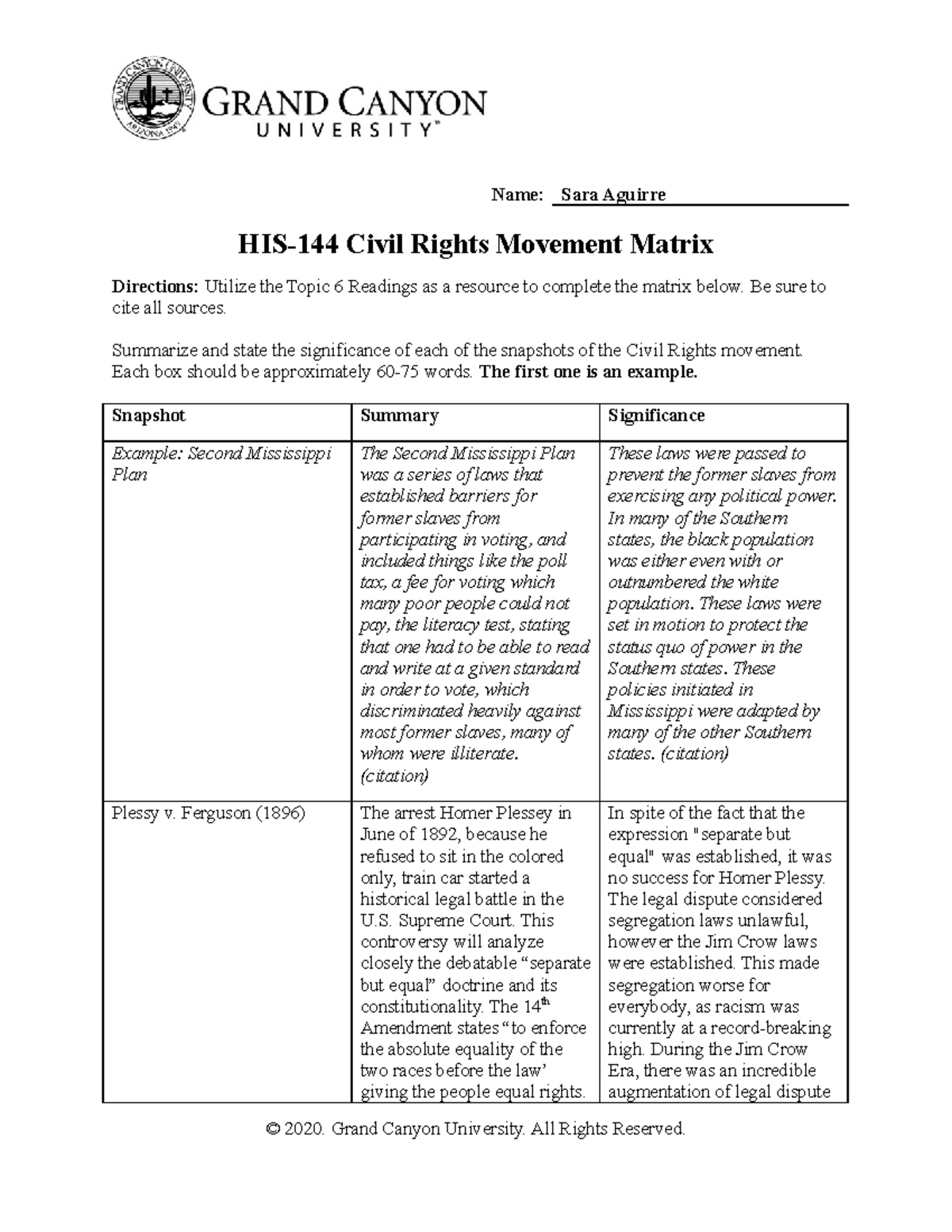 Topic 6 Civil Rights Movement Matrix worksheet - StuDocu