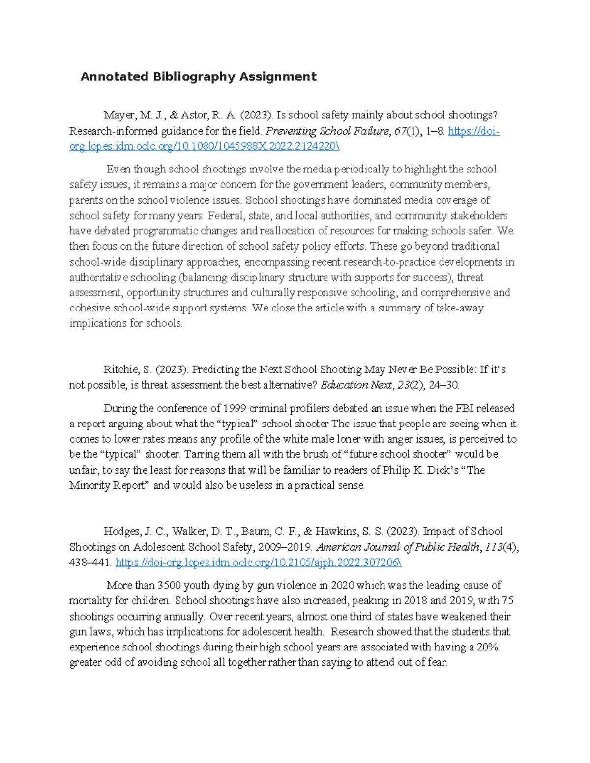 Annotated Bibliography Assignment - J., & Astor, R. A. (2023). Is ...