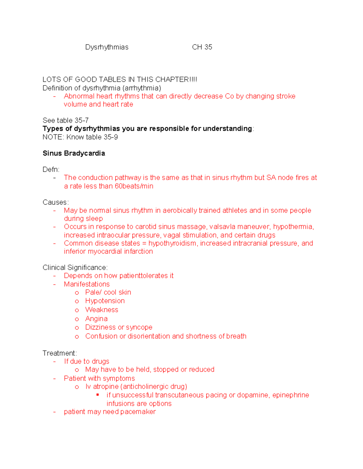 NUR 3200 Dysrhythmias - note - Dysrhythmias CH 35 LOTS OF GOOD TABLES ...