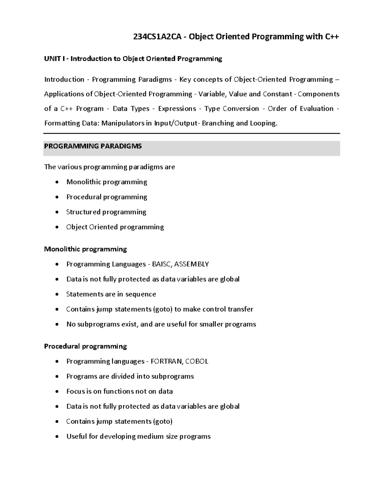 C++ Tutorials 2023 batch Unit 1 - 234CS1A2CA - Object Oriented ...