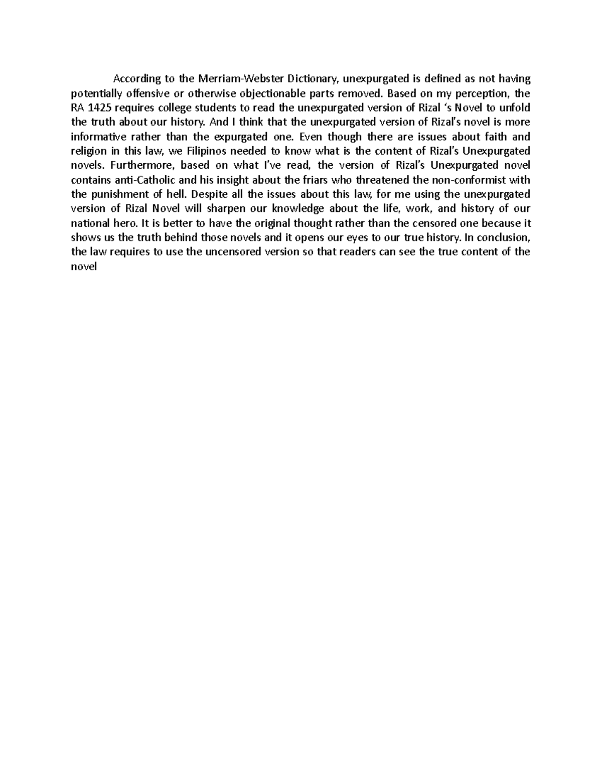 Unexpurgated Rizal According to the Merriamster Dictionary