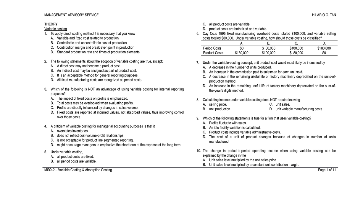 MSQ02 Variable & Absorption Costing THEORY Variable costing To