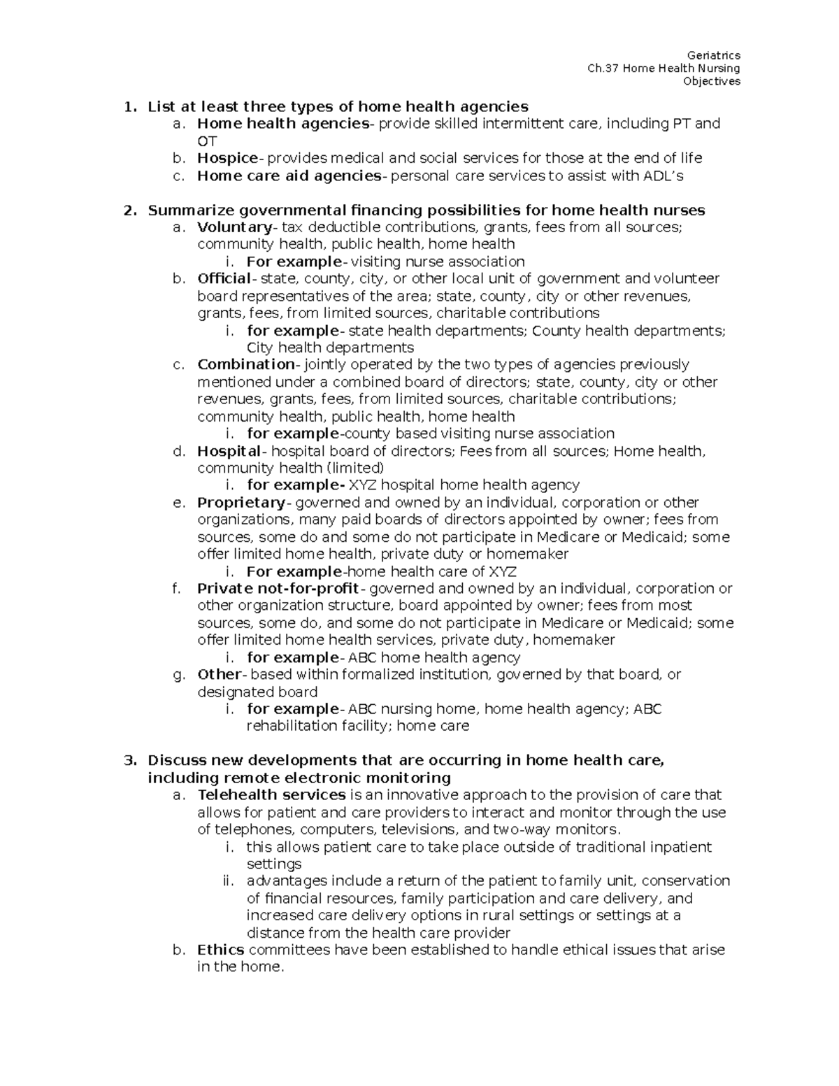 Ch.37 Home Health Nursing Objectives Ch Home Health Nursing Objectives List at least three
