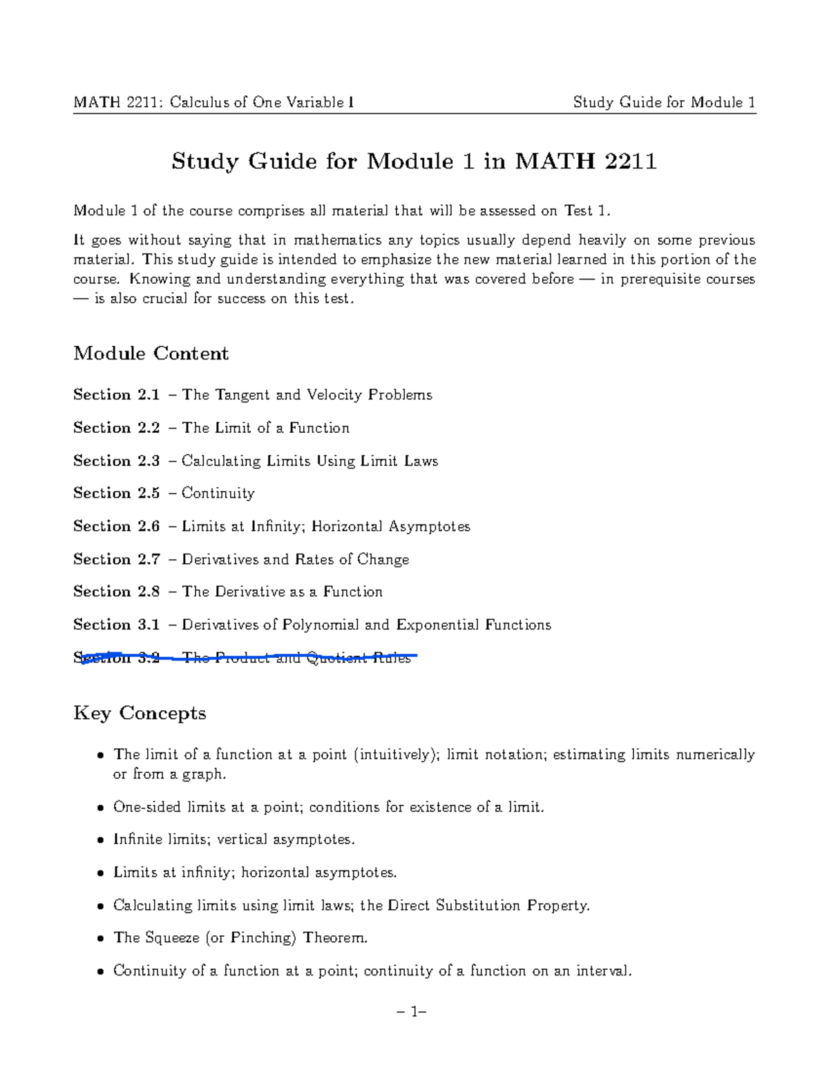 Test 1 Study Guide Highlighted - Study Guide for Module 1 in MATH 2211 ...