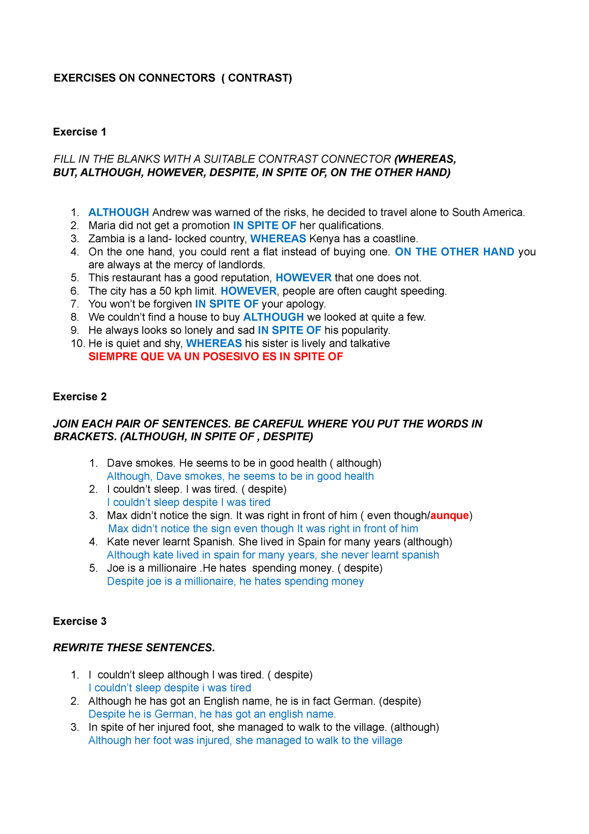 Ejercicios CON Linkers AND KEY EXERCISES ON CONNECTORS ( CONTRAST