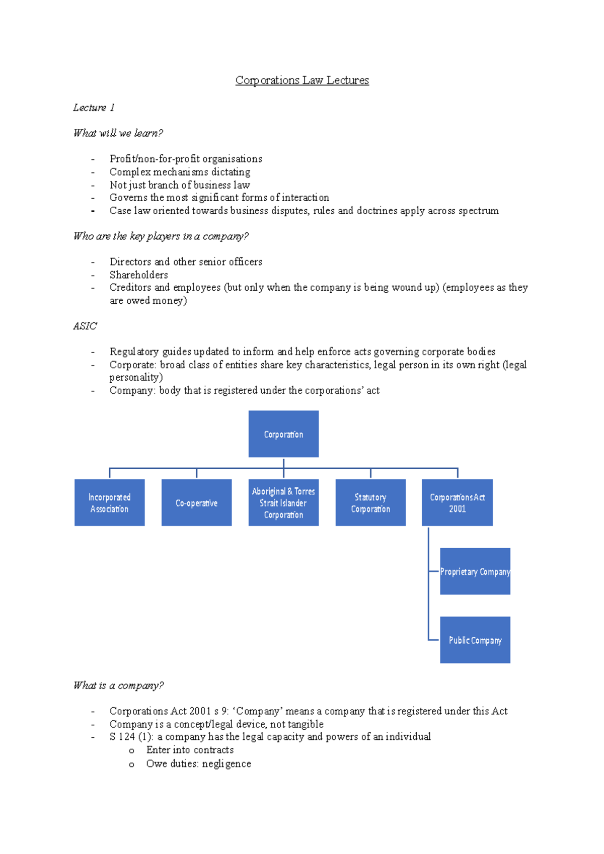 Corps Lectures Notes - Corporations Law Lectures Lecture 1 What will we ...