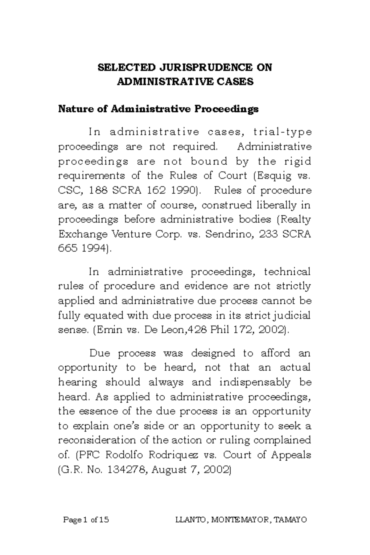 Jurisprudence SELECTED JURISPRUDENCE ON ADMINISTRATIVE CASES Nature